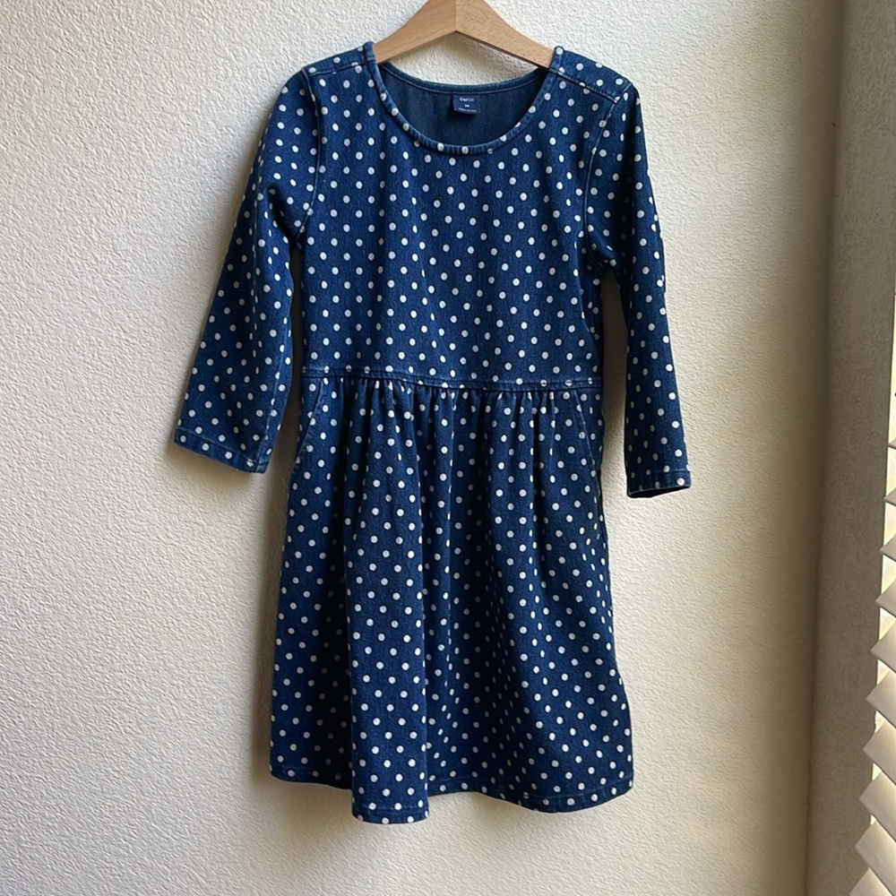 Gap Kids Basics Blue Jean polka dot pockets Denim Dress 55% Cotton Girls Size M